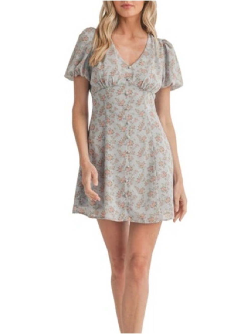 Lush Ditsy Floral V-Neck Short Sleeve Mini Dress - Light Blue